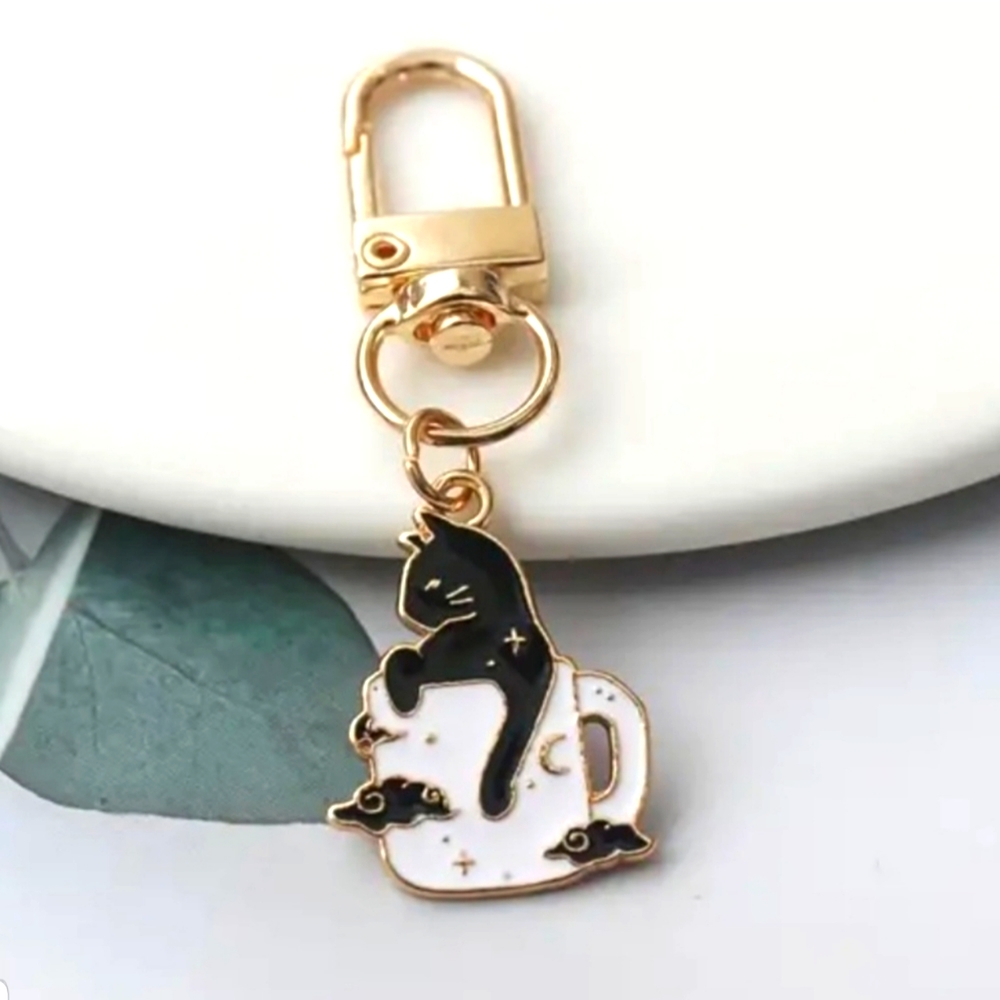 Cat in Coffee Cup With Clouds Keychain